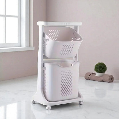 2 Layer Moveable Laundry Basket With Top Storage